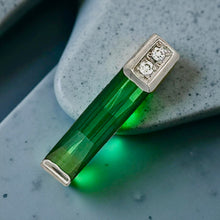  Custom Made Elongated Green Tourmaline and Diamond Platinum Pendant