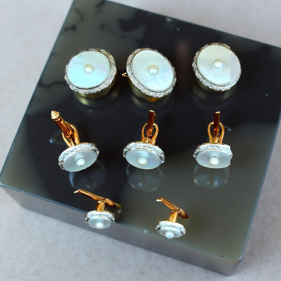 Estate Art Deco Mother of Pearl Tuxedo Shirt Studs & Matching Double Sided Cuff Link (Set in Original Box) 15662