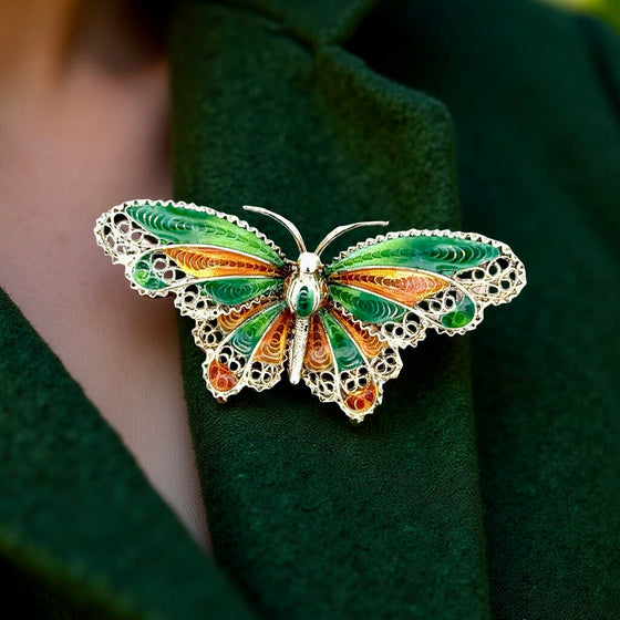 Plique A Jour Green and Orange Enamel 14K Yellow Gold Butterfly Brooch
