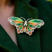  Plique A Jour Green and Orange Enamel 14K Yellow Gold Butterfly Brooch