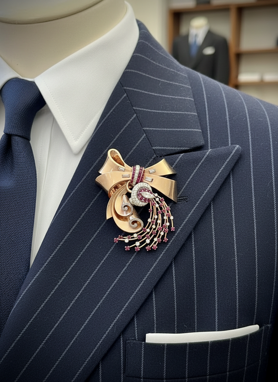 Retro 1940's Diamond, Ruby and 14k Rose Gold Pendant/Brooch