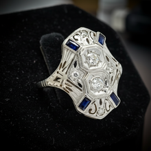 Art Deco Old European Cut Diamond and Sapphire Filigree 18k White Gold Ring