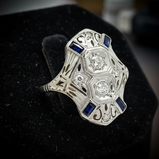 Art Deco Old European Cut Diamond and Sapphire Filigree 18k White Gold Ring
