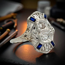  Art Deco Old European Cut Diamond and Sapphire Filigree 18k White Gold Ring