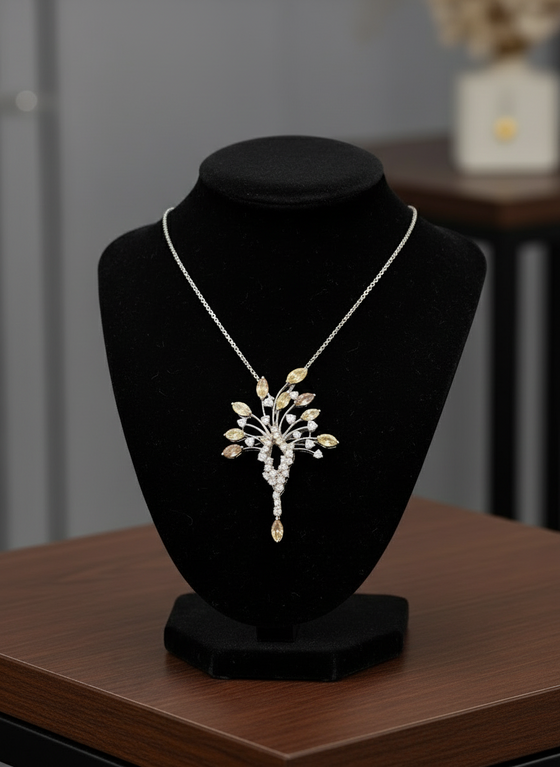 Natural Multi Color Diamond Platinum Necklace and Brooch