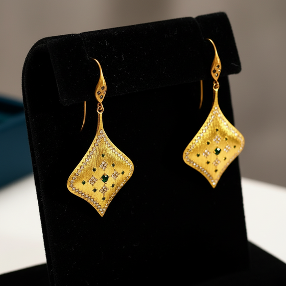 1990's Brush Finish Diamond and Emerald 18k Yellow Gold Earrings