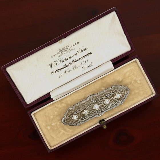 Art Deco 1920's Diamond 14k White Gold Filigree Brooch