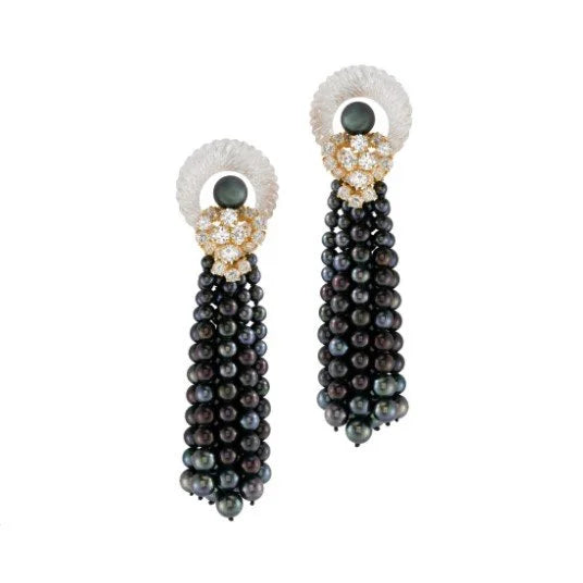 French Designer M. Gerard Rock Crystal, Tahitian Pearl and Diamond Ring, Necklace and Earring, 18K Yellow Gold Suite