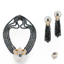  French Designer M. Gerard Rock Crystal, Tahitian Pearl and Diamond Ring, Necklace and Earring, 18K Yellow Gold Suite