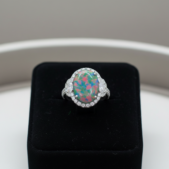 Modern 1990's Fine Black Opal and Diamond 18K White Gold Ring (GIA report)