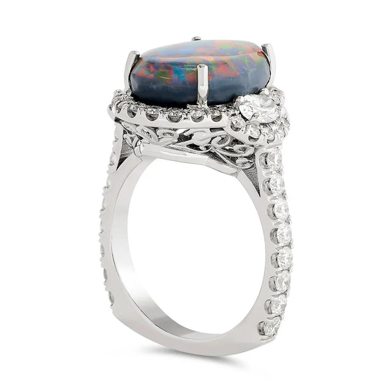 Modern 1990's Fine Black Opal and Diamond 18K White Gold Ring (GIA report)