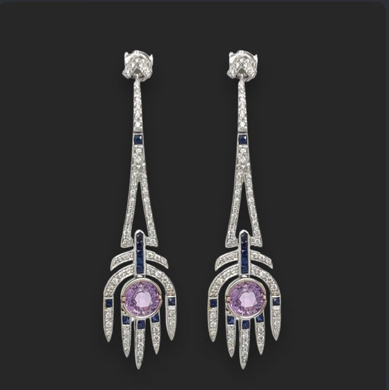 Diamond, Pink and Blue Sapphire and 18K White Gold Dangle Earrings