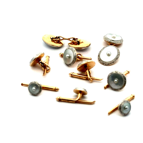 Estate Art Deco Mother of Pearl Tuxedo Shirt Studs & Matching Double Sided Cuff Link (Set in Original Box) 15662