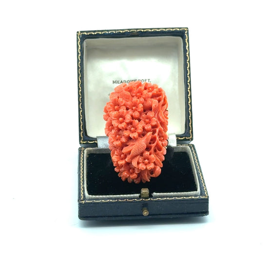 Natural Carved Coral and 14K Yellow Gold Italian Ring