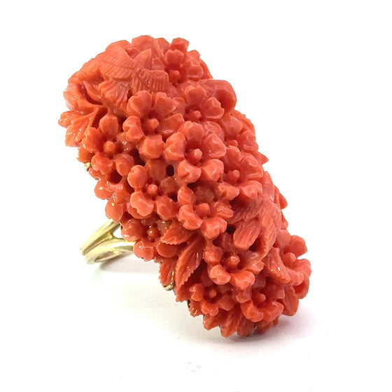 Natural Carved Coral and 14K Yellow Gold Italian Ring