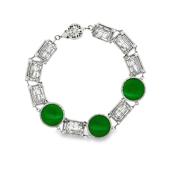 Art Deco Green Stone 14K White Gold Filigree Bracelet