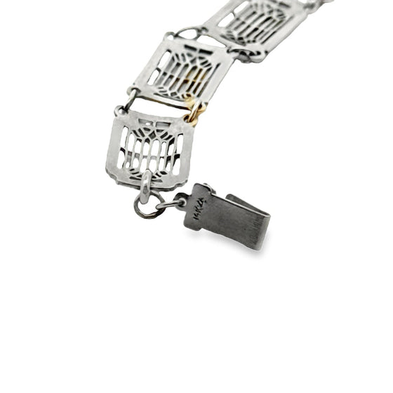 Art Deco Green Stone 14K White Gold Filigree Bracelet