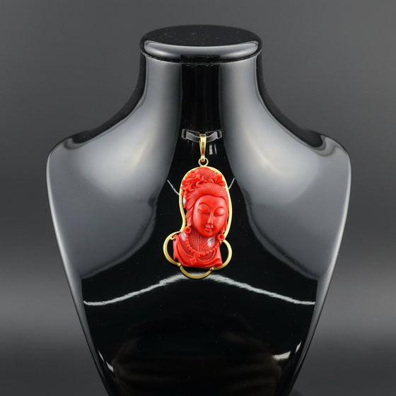 Modern Circa 1950's Carved Red Coral Pendant Mounted 18Kt Yellow Gold