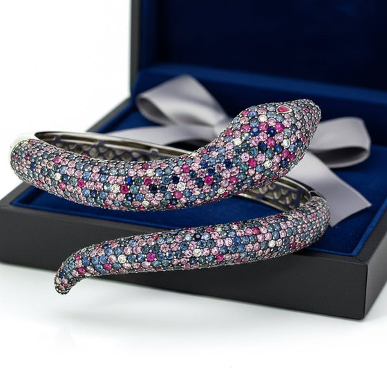 Roberto Coin Animalier Multi Color Sapphire and Diamond 18K White Gold Snake Bangle