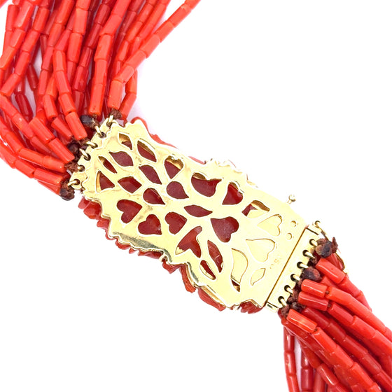 18Kt Yellow Gold and Carved Coral Multi Strand Necklace