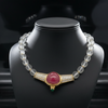 Rubellite, Emerald and Diamond Carved Rock Crystal 18K Yellow Gold Necklace.