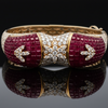 Italian French Cut Ruby and Pave Diamond 18Kt White & Yellow Gold Bangle