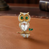 Vintage 1970's 18k Gold Diamond Owl Brooch with Emerald Eyes & Rock Crystal Body