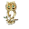 Vintage 1970's 18k Gold Diamond Owl Brooch with Emerald Eyes & Rock Crystal Body