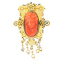 Victorian 1890 14K Yellow Gold Carved Coral Cameo Brooch with Dangle Fringe