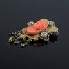 Victorian 1890 14K Yellow Gold Carved Coral Cameo Brooch with Dangle Fringe