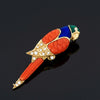 Signed Faberge Limited Edition #15 of 500 Diamond, Coral, and Enamel 18kt Yellow Gold Parrott Brooch