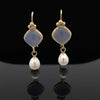 Estate Designer Mazza Chalcedony and Pearl 14Kt/18Kt Yellow Gold Drop Earring