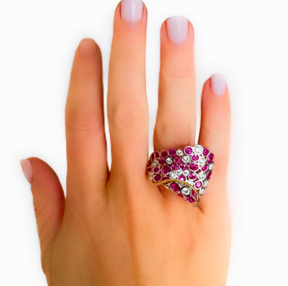 Italian Designer Ruby, Diamond and 18K White and Yellow Gold Ring