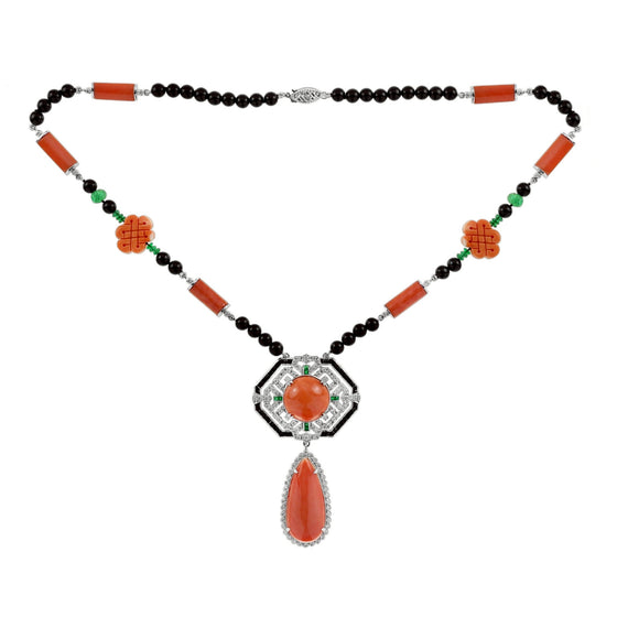Coral Diamond Onyx Emerald 18k White Gold Necklace