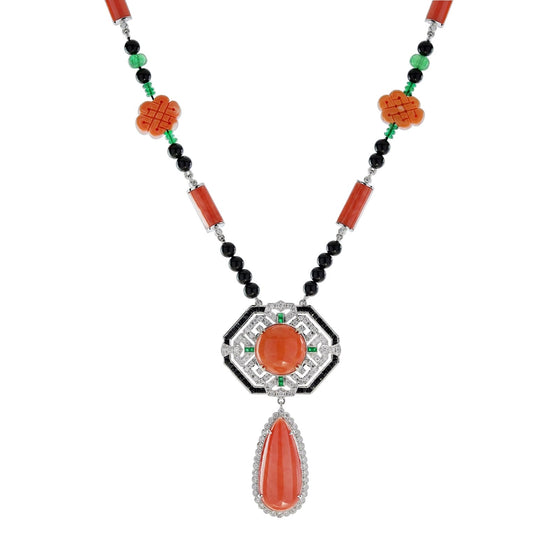 Coral Diamond Onyx Emerald 18k White Gold Necklace