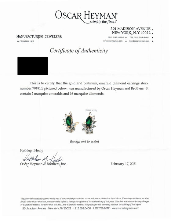 NYC Designer Oscar Heyman Gem Emerald and Diamond Platinum and 18Kt Yellow Gold Earrings