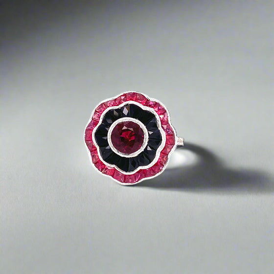 Ruby, Onyx, Diamond and 18K White Gold Ring