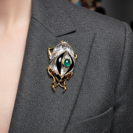 David Webb Rock Crystal, Diamond, Emerald, Ruby and Onyx Platinum and 18K Yellow Gold Beetle Brooch