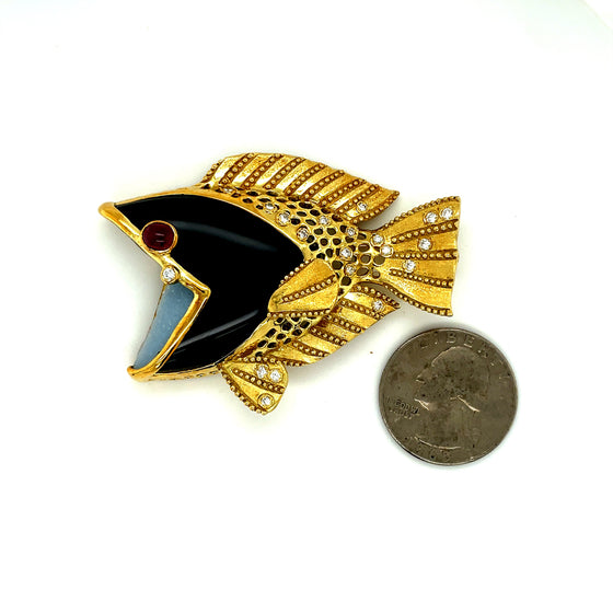 Estate Onyx, Diamond & Ruby Fish Brooch