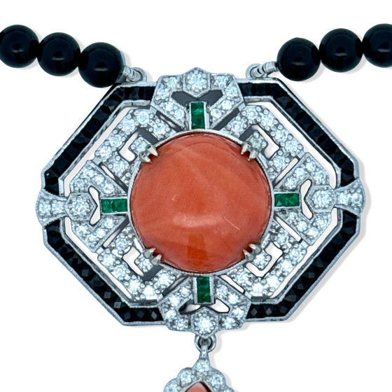Coral Diamond Onyx Emerald 18k White Gold Necklace
