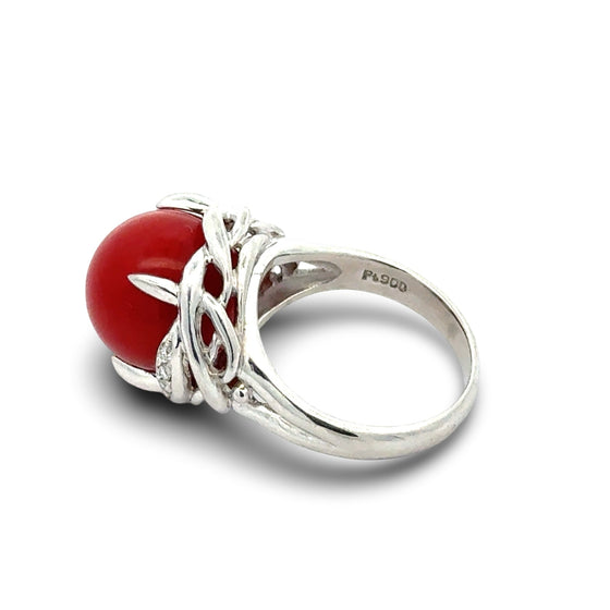 Natural Coral and Diamond Platinum Ring