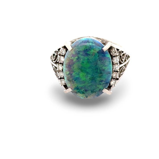 Black Opal and Diamond Platinum Ring