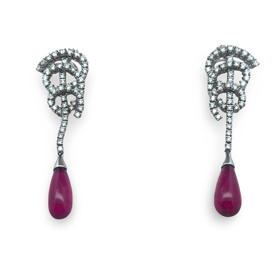 Designer Bergio Diamond and Rubellite 18kt White Gold Earrings