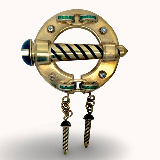 Italian Luxury Cruiser Diamond, Emerald and Black Enamel Porthole 18kt Yellow Gold Brooch