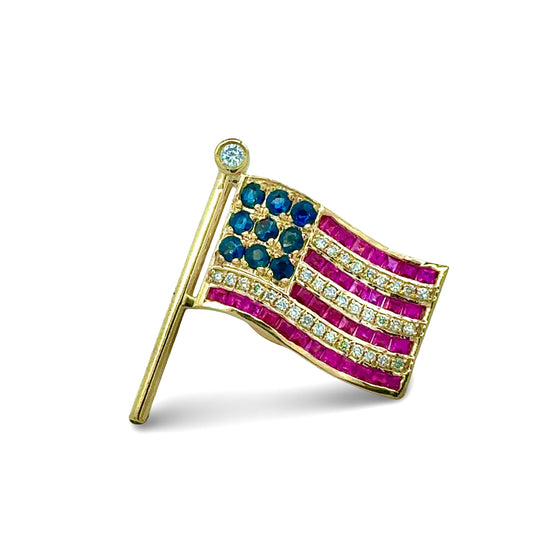 The Presidential American Flag Diamond, Ruby, Sapphire Lapel Brooch 14K Yellow Gold 15308
