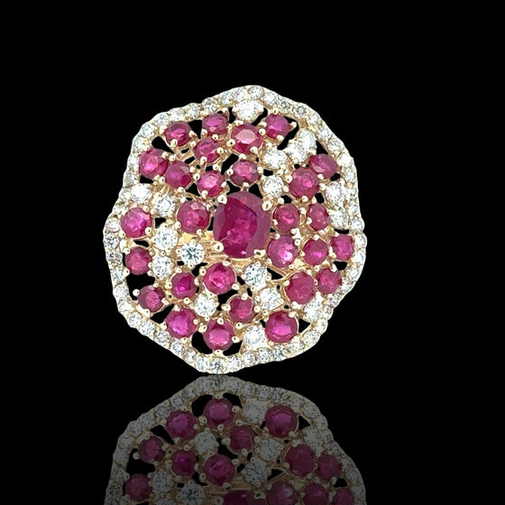 Fine Ruby Diamond Cluster 14K Yellow Gold Ring