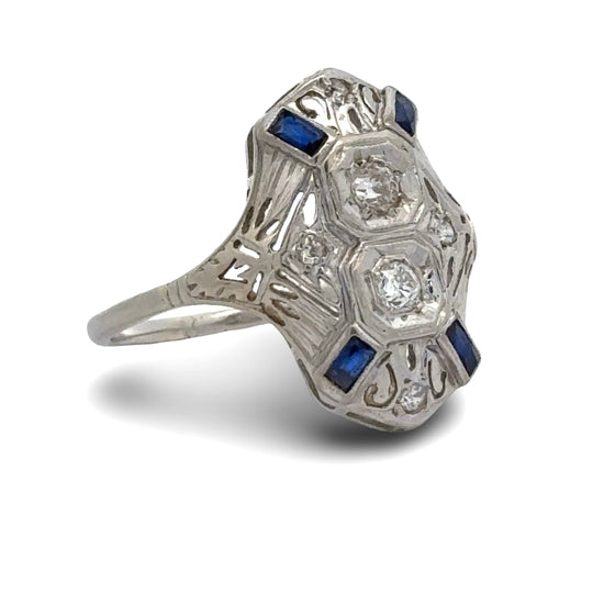 Art Deco Old European Cut Diamond and Sapphire Filigree 18k White Gold Ring