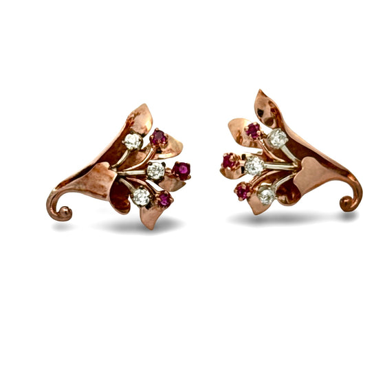 1940's Retro Diamond and Ruby 14k Rose & White Gold Earring