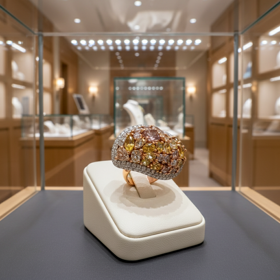 Modern Natural Fancy Yellow, Pink and White Diamond 18K White Gold Ring.