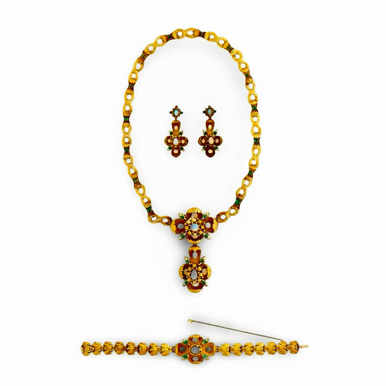 Victorian 1880's Emerald, Opal Suite in Original Box - Necklace, Pendant, Bracelet and Earrings 14Kt Yellow Gold